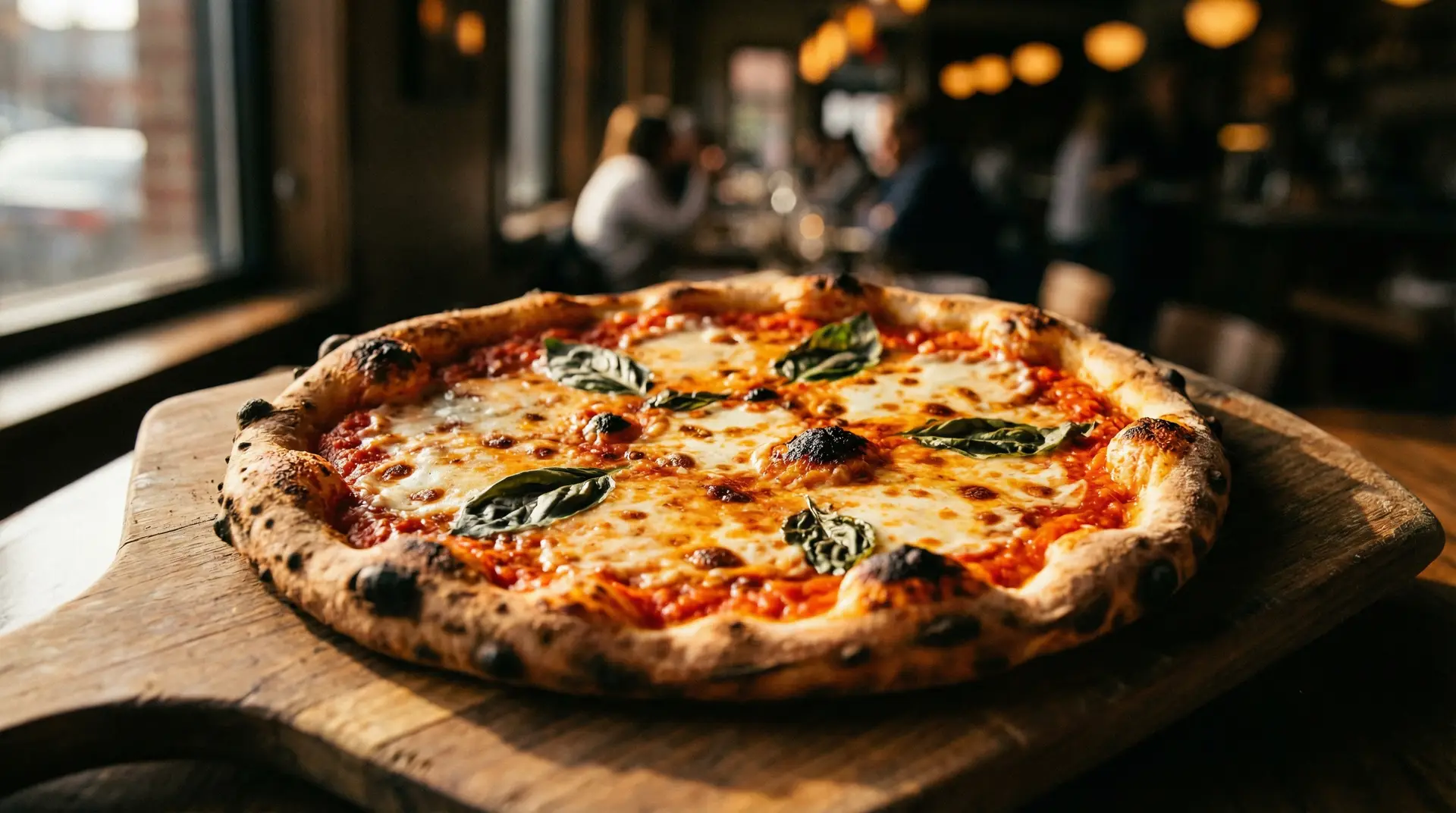 Pizza Margherita aus dem Steinofen im Gastraum